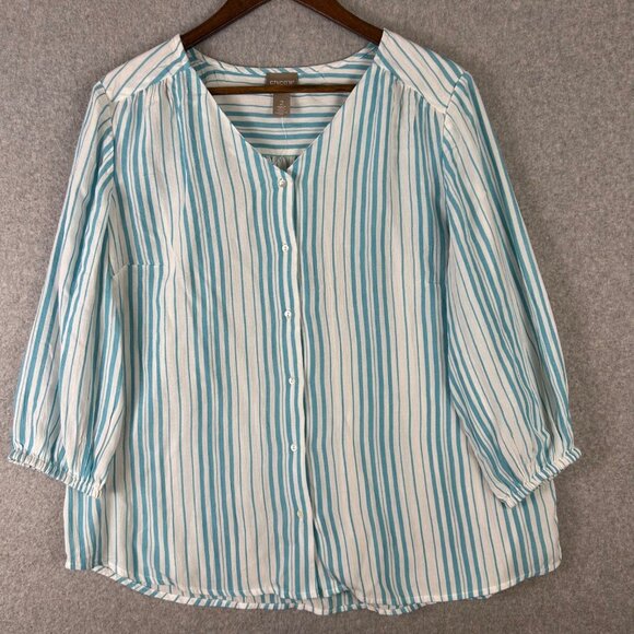 Chico's Top Women 2 White Blue Stripe 3/4 Sleeve Button Front Casual Blouse NWOT - Picture 1 of 11